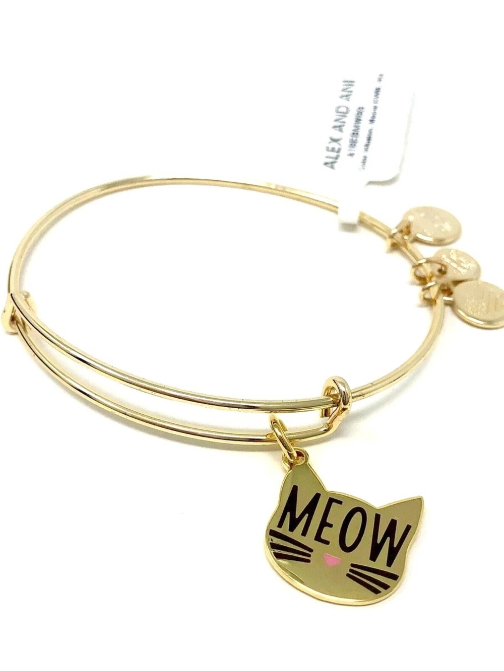 NWT Alex and Ani Gold Cat Charm Bangle with Black Enamel 'MEOW' Accents